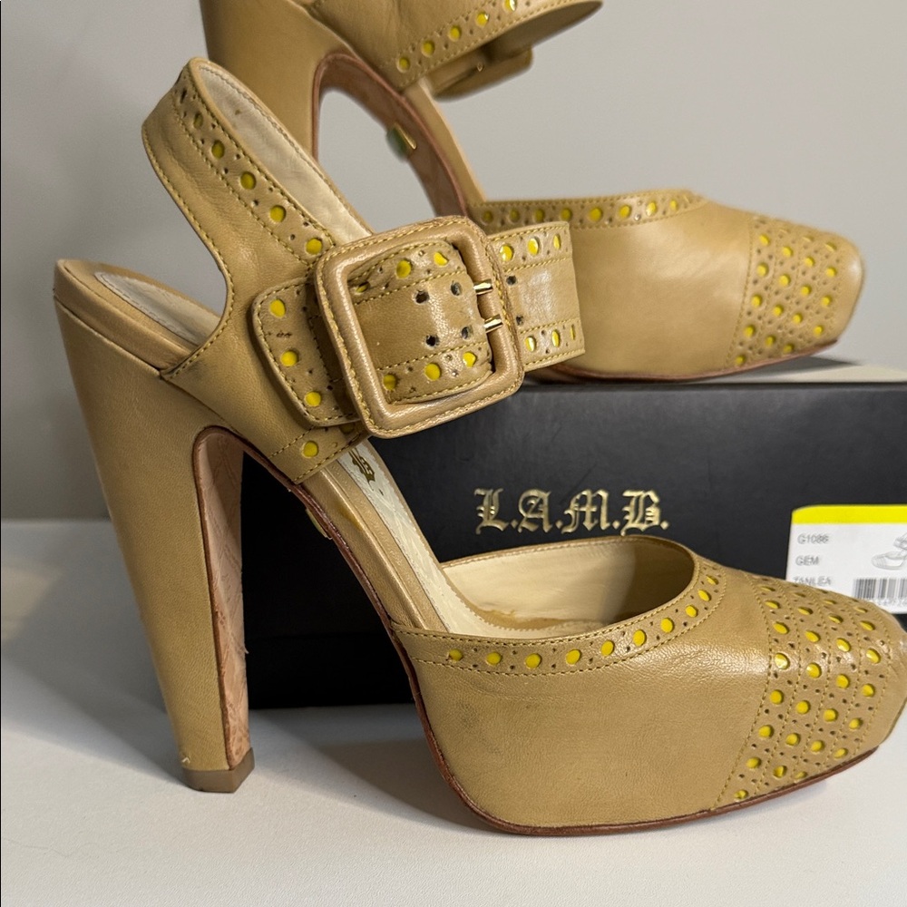 L.A.M.B. Tan and Yellow Studded Leather Platform Heels. 6.5 in original box - Picture 2 of 14